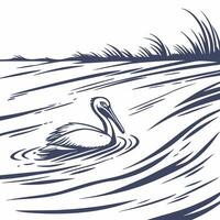 Professional Pelican in Calm Water Elegant Blue Illustration. vector