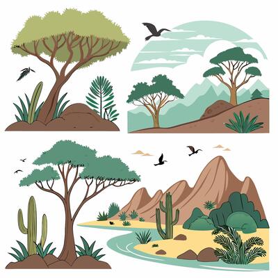 Desert Landscape Illustration Acacia Trees, Cacti, Mountains.