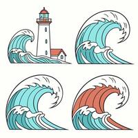 Lighthouse and Ocean Waves Teal and Coral Illustration Set Coastal Design Elements. vector