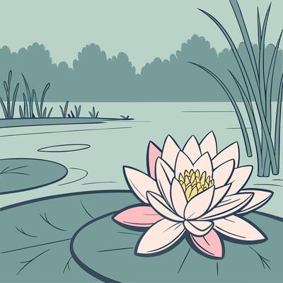 Pink Water Lily Pond Illustration Serene Nature Scene Botanical Art.