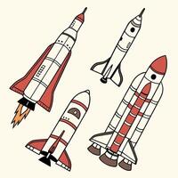 Retro Rocket Set Hand Drawn Spacecraft Illustrations Red and White. vector