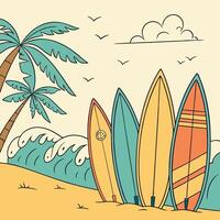 Retro Surfboards Beach Scene Palm Trees, Ocean Waves. vector
