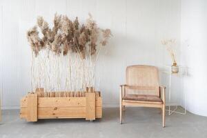 Dried flowers in a wooden box on the floor. Daylight from the window. Minimalism in the interior. Space for copying. A place for your design photo