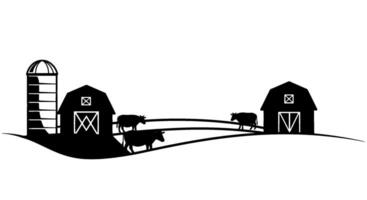 Farmland Silhouette with Two Barns and Cows vector