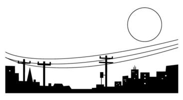 Cityscape Silhouette with Power Lines and Moon vector