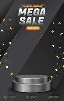 mega sale discount template banner with blank space 3d podium for social media post product sale with abstract gradient black background design vector