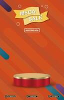 mega sale discount portait template banner with blank space 3d podium for product sale with abstract gradient orange background design vector