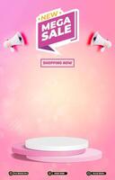 new mega sale discount template banner with blank space 3d podium for social media post product sale with abstract gradient pink background design vector
