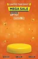limited mega sale discount portait template banner with blank space 3d podium for social media post product sale with abstract gradient orange background design vector