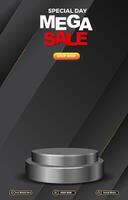 special mega sale discount portait template banner with blank space 3d podium for social media post product sale with abstract gradient black background design vector