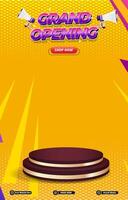grand opening sale discount portait template banner with blank space 3d podium for social media post product sale with abstract gradient yellow background design vector