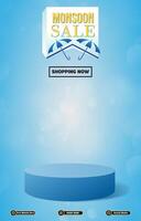 monsoon sale discount portait template banner with blank space 3d podium for social media post with abstract gradient blue background design vector
