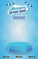 monsoon sale discount template banner with blank space 3d podium social media post product sale with abstract gradient blue background vector