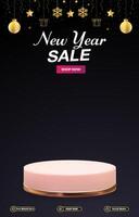 new year sale discount portait template banner with blank space 3d podium for social media post product sale with abstract gradient black background design vector