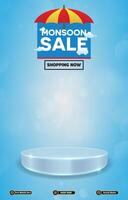 monsoon sale discount template banner with blank space 3d podium for social media post product sale with abstract gradient blue background vector