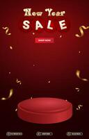 new year sale discount portait template banner with blank space 3d podium for social media post product sale with abstract gradient red background design vector