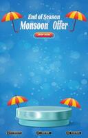 monsoon offer sale discount template banner with blank space 3d podium for social media post product sale with abstract gradient blue background design vector