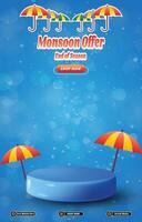 monsoon sale discount template banner with blank space 3d podium for social media post with abstract gradient blue background design vector