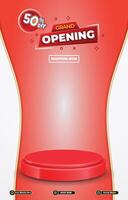 grand opening sale discount portait template banner with blank space 3d podium for social media post product sale with abstract gradient red background design vector
