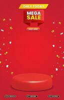 mega sale discount portait template banner with blank space 3d podium for social media post product sale with abstract gradient red background design vector