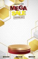 limited mega sale discount portait template banner with blank space 3d podium for social media post product sale with abstract gradient yellow background design vector