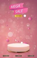 mega sale discount portait template banner with blank space 3d podium for social media post product sale with abstract gradient pink background design vector