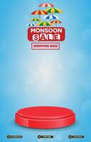 monsoon sale discount banner with blank space 3d podium for social media post product sale with abstract gradient blue background vector