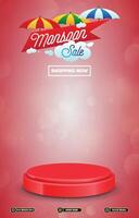 monsoon sale discount portait template banner with blank space 3d podium for social media post product sale with abstract gradient red background design vector