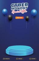 special cyber monday sale discount portait template banner with blank space 3d podium for social media post product sale with abstract gradient blue background design vector