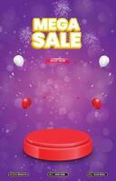 mega sale discount portait template banner with blank space 3d podium for social media post product sale with abstract gradient purple background design vector