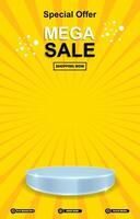 special offer mega sale discount portait template banner with blank space 3d podium for social media post product sale with abstract gradient yellow background design vector
