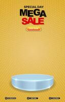 special mega sale discount portait template banner with blank space 3d podium for social media post product sale with abstract gradient yellow background design vector