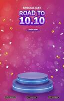 special 10.10 sale discount portait template banner with blank space 3d podium for social media post product sale with abstract gradient purple background design vector