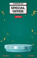 special offer sale discount portait template banner with blank space 3d podium for social media post product sale with abstract gradient green background vector