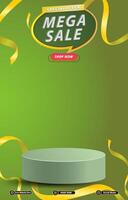 special offer mega sale discount portait template banner with blank space 3d podium for social media post product sale with abstract gradient green background design vector
