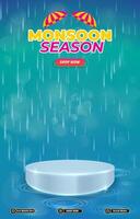 monsoon sale discount portait template banner with blank space 3d podium for social media post product sale with abstract gradient blue background design vector