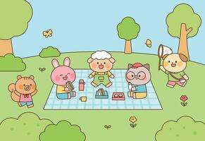 Cute animal friends having a picnic with lunch boxes and drinks in nature. Cartoon illustration featuring bunny, dog, cat, sheep, and squirrel enjoying sunny weather. vector