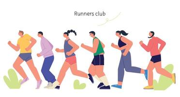 Diverse group of people running together in a runners club. vector