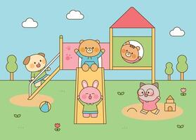 Adorable animal characters playing on a playground slide and sandbox under a sunny sky. Cute cartoon style for childrens content. vector