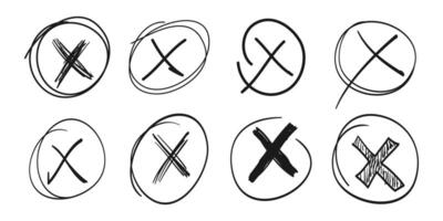 Hand drawn cross mark, doodle set of wrong sign or false mark vector