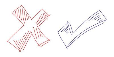 Doodle check mark and cross mark icon set, Tick symbol. checklist signs vector