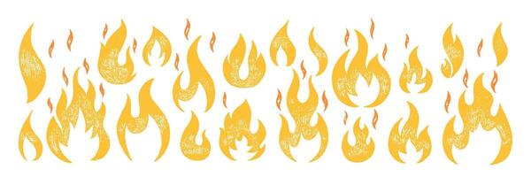 Collection of hand drawn fire flames with crayon, pastel, chalk or pencil texture. Grunge elements in sketch style. Yellow illustration isolated on a white background. vector