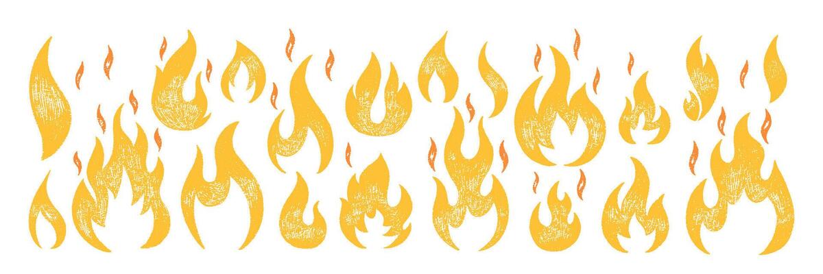 Collection of hand drawn fire flames with crayon, pastel, chalk or pencil texture. Grunge elements in sketch style. Yellow illustration isolated on a white background.