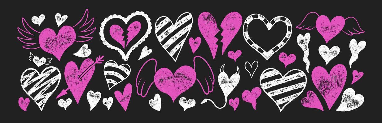 Collection of doodle hand drawn hearts and love symbols with crayon, pastel, chalk or pencil texture. Grunge elements in sketch style. Pink and white illustration on a blackboard.