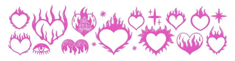 Set of hearts with flames with crayon, pastel or chalk texture. Y2k grunge doodle design for tattoo. Pink illustration on a white background. vector
