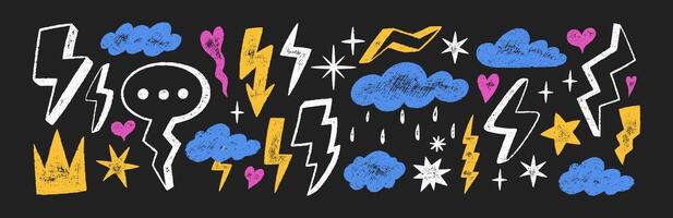 Set of doodle clouds, lightning bolts, stars and weather symbols with crayon, pastel, chalk or pencil texture. Decoration elements in sketch style. Color illustration on a blackboard. vector