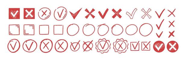 Set of check marks, checklist, checkbox, tick and cross signs with crayon, pastel or chalk texture. Pencil correct or incorrect symbols in sketch style. Red illustration. vector