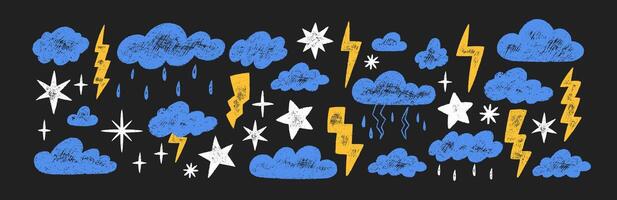 Collection of hand drawn clouds, lightning bolts, stars and weather symbols with crayon, pastel, chalk or pencil texture. Grunge elements in sketch style. Color illustration a blackboard. vector