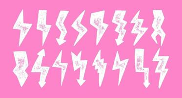 Set of lightning bolts with crayon, pastel or chalk texture. Grunge white doodle illustration on a pink background. vector