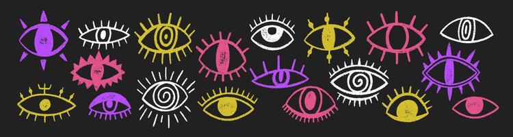 Set of doodle eyes in esoteric or tattoo design with crayon, pastel or chalk texture. Evil or mystic eyes. Color illustration a blackboard. vector